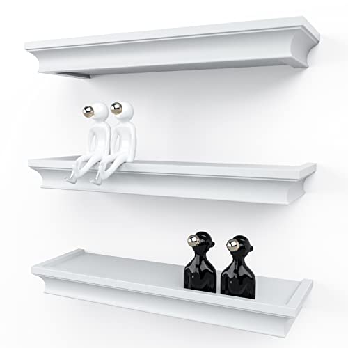 RICHER HOUSE White Floating Shelves for Wall Decor, 16 Inches Wall Shelves Set of 3, Picture Ledge Wall Mounted, Crown Molding Display Shelves with Invisible Brackets in Bathroom, Bedroom, Living Room