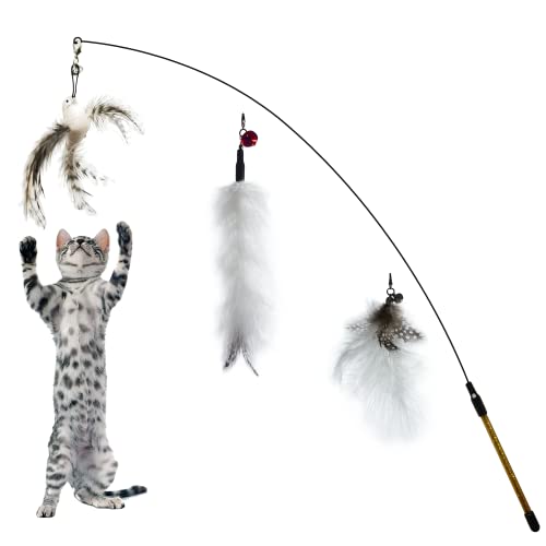 FUPUSUN 2022 Latest Cat Feather Toys, Interactive Cat Toys Kitten Toys, 1PCS Elasticity Cat Wand Toy and 3PCS Teaser Refills Tail Bird Feathers, Cat Toys for Indoor Cats Kitten Play Chase Exercise