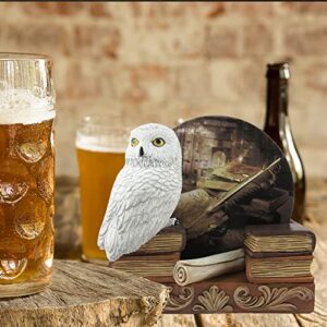 World of Wonders Spells & Potions Owl Coasters Set | Decorative White Owl Wizard School Decor | Absorbent Drink Coasters