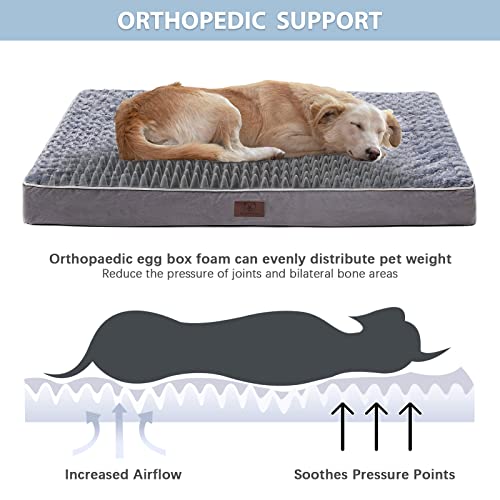 WNPETHOME Orthopedic X Large Dog Bed, Dogs Bed for Large Dogs with Egg Foam Crate Pet Bed with Soft Rose Plush Waterproof Dog Bed Cover Washable Removable（XL Dog Bed 42 x 30 x 4 inch Grey）