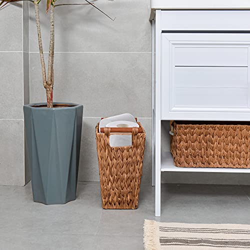 GRANNY SAYS Bathroom Wastebasket, 5 Gallons/19 Liters, Caramel Orange Woven Trash Can with Handles, Waterproof Wicker Waste Basket for Office, 1-Pack, 13" x 7 ½" x 12 ½"