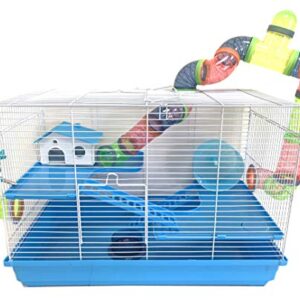 Large 3-Levels Dwarf Hamster Expandable and Customizable Habitat House Cage for Rodent Gerbil Mouse Mice Rat with Crossover Tube Tunnel (24" L x 12.5W x 16" H, Blue)