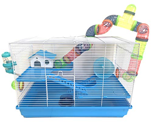 Large 3-Levels Dwarf Hamster Expandable and Customizable Habitat House Cage for Rodent Gerbil Mouse Mice Rat with Crossover Tube Tunnel (24" L x 12.5W x 16" H, Blue)