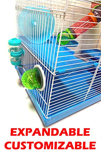 Large 3-Levels Dwarf Hamster Expandable and Customizable Habitat House Cage for Rodent Gerbil Mouse Mice Rat with Crossover Tube Tunnel (24" L x 12.5W x 16" H, Blue)