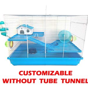 Large 3-Levels Dwarf Hamster Expandable and Customizable Habitat House Cage for Rodent Gerbil Mouse Mice Rat with Crossover Tube Tunnel (24" L x 12.5W x 16" H, Blue)