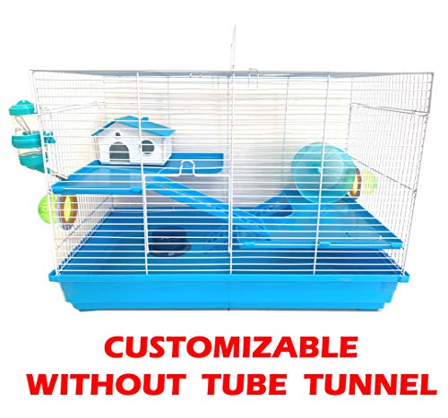 Large 3-Levels Dwarf Hamster Expandable and Customizable Habitat House Cage for Rodent Gerbil Mouse Mice Rat with Crossover Tube Tunnel (24" L x 12.5W x 16" H, Blue)