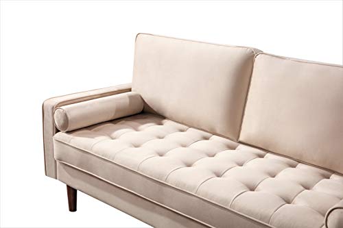 Container Furniture Direct Womble Modern Velvet Upholstered Living Room Diamond Tufted Chesterfield Sofa with Gleaming Nailheads, Biscuit