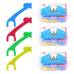 ecovona - tooth floss picks for kids - 3 pack (120 count) - toddler & kid safe dental floss picks for the whole family - advanced design to help teach dental & oral hygiene & prevent tooth decay