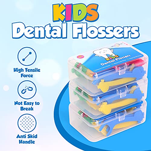 Ecovona - Tooth Floss Picks for Kids - 3 Pack (120 Count) - Toddler & Kid Safe Dental Floss Picks for The Whole Family - Advanced Design to Help Teach Dental & Oral Hygiene & Prevent Tooth Decay