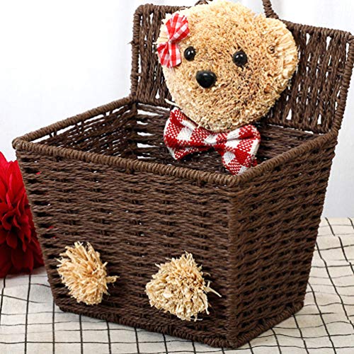 DOITOOL Woven Storage Baskets Storage Basket Willow Basket Rustic Hanging Woven Storage Bin Desktop Sundries Makeup Basket with Lid Handle Multifunctional Wicker Organizer Brown Woven Storage Basket