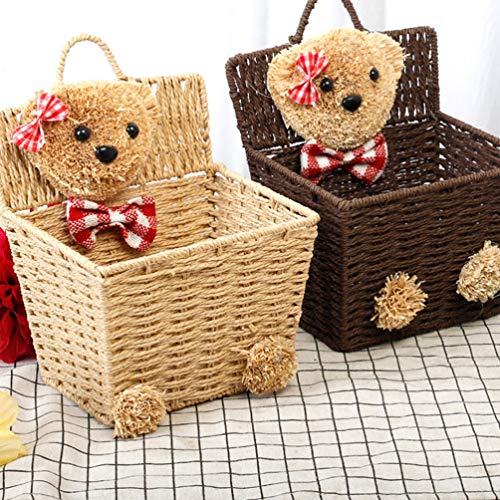 DOITOOL Woven Storage Baskets Storage Basket Willow Basket Rustic Hanging Woven Storage Bin Desktop Sundries Makeup Basket with Lid Handle Multifunctional Wicker Organizer Brown Woven Storage Basket