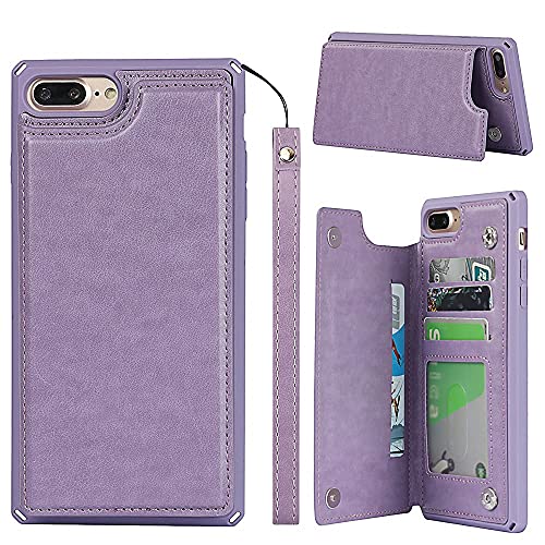 ShunJieTech for iPhone 7 Plus Case,for iPhone 8 Plus Case,[ Credit Card Holder & Slot Wallet Case ] Back Shell Leather Cover Shockproof Protective Case with Strap(5.5")-Purple