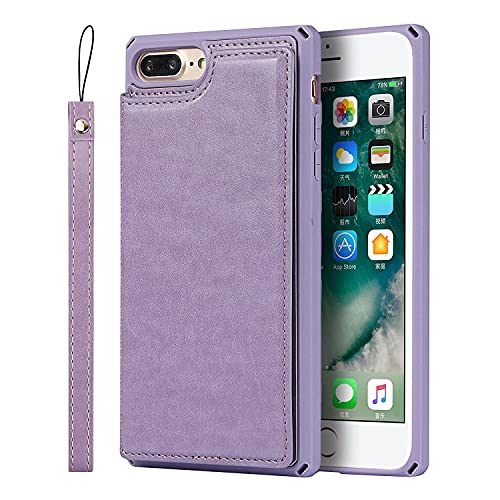 ShunJieTech for iPhone 7 Plus Case,for iPhone 8 Plus Case,[ Credit Card Holder & Slot Wallet Case ] Back Shell Leather Cover Shockproof Protective Case with Strap(5.5")-Purple