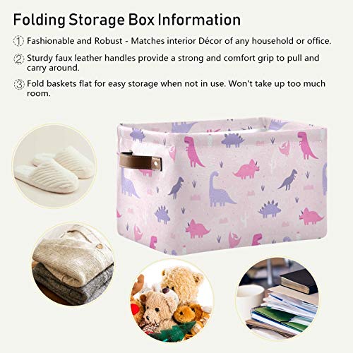 xigua Pink Cartoon Dinosaur Large Storage Basket, Foldable Storage Basket, Waterproof Coating Storage Box with Handle Toy Storage Bag, for Home School & Office, 1PCS