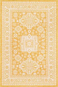 rugs.com outdoor aztec collection rug – 4' x 6' yellow flatweave rug perfect for living rooms, large dining rooms, open floorplans