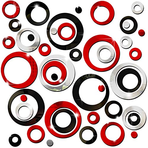 Outus 72 Pieces Acrylic Circle Mirror Wall Stickers Decor for Living Room Removable Round Dots Mirror Wall Decals Wall Decoration Murals for Home Bedroom Kitchen (Silver, Red, Black)