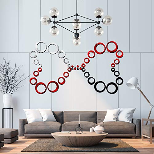 Outus 72 Pieces Acrylic Circle Mirror Wall Stickers Decor for Living Room Removable Round Dots Mirror Wall Decals Wall Decoration Murals for Home Bedroom Kitchen (Silver, Red, Black)