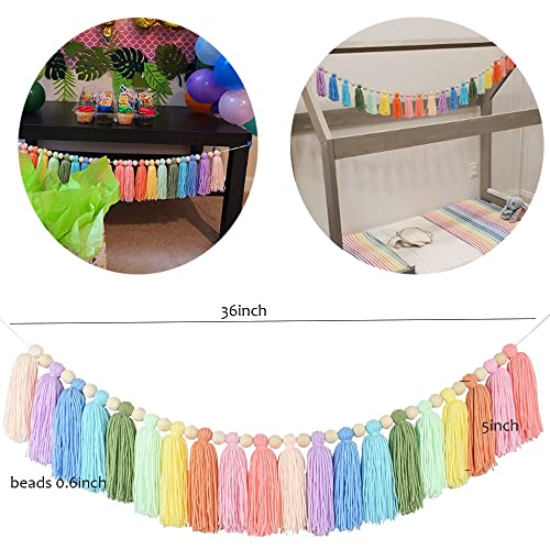 Pastel Tassel Garland, Colorful Rainbow Tassel Wall Hanging Decor with Wood Bead Colorful Garland for Girls Bedroom Wall Classroom Nursery Party Kids Room Birthday Baby Shower Decor (Pastel)