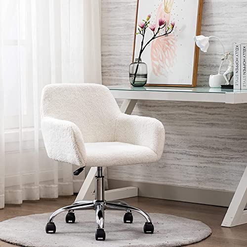 Goujxcy Faux Fur Vanity Chair, Elegant White Fluffy Vanity Chair for Girls Women, Modern Furry Upholstered Home Office Desk Chair Armchair for Living Room, Office, Bedroom, Dressing Room