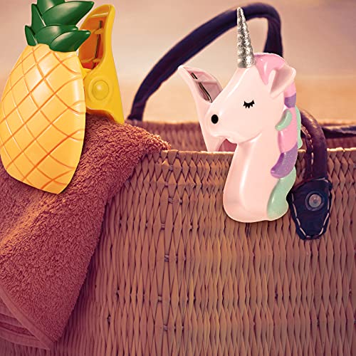 4 Pieces Beach Towel Clips Chair Clips Pineapple Unicorn Clips Chair Holders Jumbo Size Plastic Towel Clips for Pool Loungers Clothes Quilt Blanket