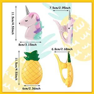 4 Pieces Beach Towel Clips Chair Clips Pineapple Unicorn Clips Chair Holders Jumbo Size Plastic Towel Clips for Pool Loungers Clothes Quilt Blanket