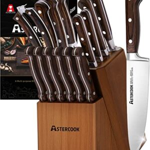 Knife Set, 15 Pcs Kitchen Knife Set With Block, Astercook German Stainless Steel With Scissors, Knife Sharpener and 6 Serrated Steak Knives