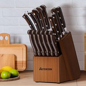 Knife Set, 15 Pcs Kitchen Knife Set With Block, Astercook German Stainless Steel With Scissors, Knife Sharpener and 6 Serrated Steak Knives