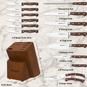 Knife Set, 15 Pcs Kitchen Knife Set With Block, Astercook German Stainless Steel With Scissors, Knife Sharpener and 6 Serrated Steak Knives