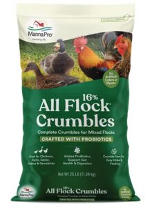 manna pro all flock crumbles | 16% protein level | complete feed for chickens, ducks, geese, turkeys and gamebirds | probiotics to support digestion | crumbled form for easy feeding | 25 pounds