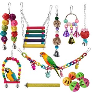 13pcs bird parakeet toys, swing chewing toy, hanging bell pet swing bird cage hammock climbing ladders toy wooden perch toys for small parrots, conure, cockatiels