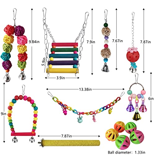 13pcs Bird Parakeet Toys, Swing Chewing Toy, Hanging Bell Pet Swing Bird Cage Hammock Climbing Ladders Toy Wooden Perch Toys for Small Parrots, Conure, Cockatiels