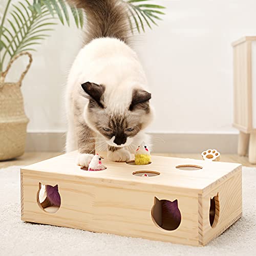 MEWOOFUN Cat Toys Interactive Whack-a-mole Solid Wood Toys for Indoor Cats Kitten Catch Mice Game