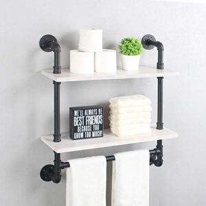 industrial pipe bathroom shelves 2-tier wall mounted,24" rustic wall shelf with bath towel bars,farmhouse towel rack,metal & wooden floating shelves,over the toilet storage shelf,white & black