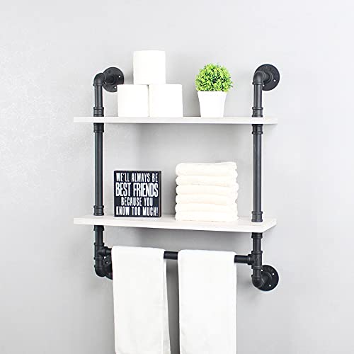 Industrial Pipe Bathroom Shelves 2-Tier Wall Mounted,24" Rustic Wall Shelf with Bath Towel Bars,Farmhouse Towel Rack,Metal & Wooden Floating Shelves,Over The Toilet Storage Shelf,White & Black