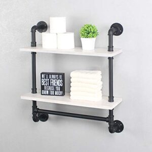 Industrial Pipe Bathroom Shelves 2-Tier Wall Mounted,24" Rustic Wall Shelf with Bath Towel Bars,Farmhouse Towel Rack,Metal & Wooden Floating Shelves,Over The Toilet Storage Shelf,White & Black