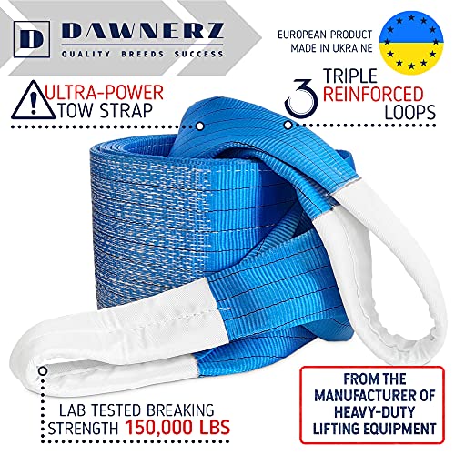 Tow Strap Heavy Duty 20 ft 150000 lbs - Dawnerz Towing Rope 6 m 75 US Tons for Truck Bus and Tractor