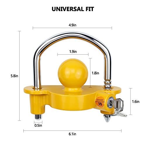 Cenipar Universal Trailer Hitch Security Adjustable Lock Tow Ball Coupler,Heavy-Duty Steel Fits 1-7/8”,2”,2-5/16” Couples (Yellow)