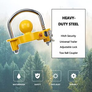 Cenipar Universal Trailer Hitch Security Adjustable Lock Tow Ball Coupler,Heavy-Duty Steel Fits 1-7/8”,2”,2-5/16” Couples (Yellow)