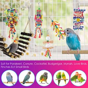 KATUMO Small Bird Toys, Natural Wood Ladder Colorful Bamboo Hanging Shredding Toys Parrot Chew Wooden Blocks Bird Perch for Parakeets, Conures, Cockatiels, Budgies, Love Birds and Other Small Birds