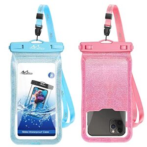moko waterproof phone pouch holder floating 2-pack, ipx8 glitter waterproof case dry bag compatible for iphone14 13 12 11 pro max x/xr/xs/8/7/6/se 3, galaxy s20/s21, light blue & pink