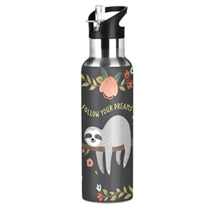 kids sloth insulated water bottle with straw lid & handle reusable vacuum stainless steel for girls
