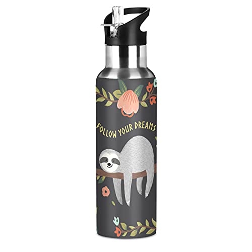 Kids Sloth Insulated Water Bottle with Straw Lid & Handle Reusable Vacuum Stainless Steel for Girls