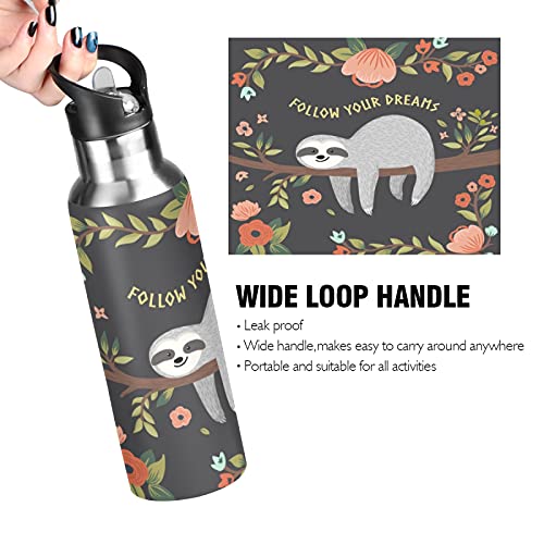 Kids Sloth Insulated Water Bottle with Straw Lid & Handle Reusable Vacuum Stainless Steel for Girls