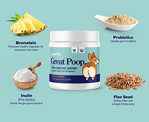 Great Poop Probiotics for Dogs - A Fiber for Dogs Supplement with Dog Probiotics and Digestive Enzymes for a Healthy Gut, Firm Stool & Diarrhea Relief - Chicken Flavored Pet Soft Chews with Prebiotics