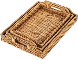 rattan serving tray with handles hand woven wicker tray rattan tray rustic decorative tray ottoman tray kitchen organizer (set of 3 rectangle)