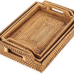 Rattan Serving Tray with Handles Hand Woven Wicker Tray Rattan Tray Rustic Decorative Tray Ottoman Tray Kitchen Organizer (Set of 3 Rectangle)