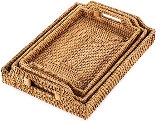 Rattan Serving Tray with Handles Hand Woven Wicker Tray Rattan Tray Rustic Decorative Tray Ottoman Tray Kitchen Organizer (Set of 3 Rectangle)