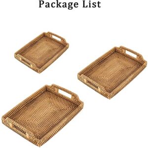 Rattan Serving Tray with Handles Hand Woven Wicker Tray Rattan Tray Rustic Decorative Tray Ottoman Tray Kitchen Organizer (Set of 3 Rectangle)