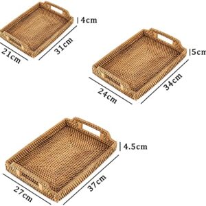 Rattan Serving Tray with Handles Hand Woven Wicker Tray Rattan Tray Rustic Decorative Tray Ottoman Tray Kitchen Organizer (Set of 3 Rectangle)