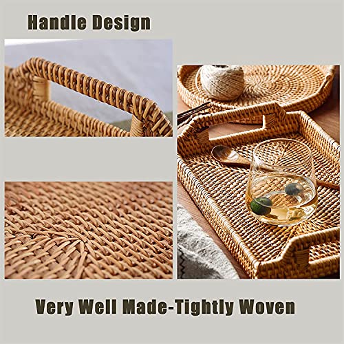 Rattan Serving Tray with Handles Hand Woven Wicker Tray Rattan Tray Rustic Decorative Tray Ottoman Tray Kitchen Organizer (Set of 3 Rectangle)